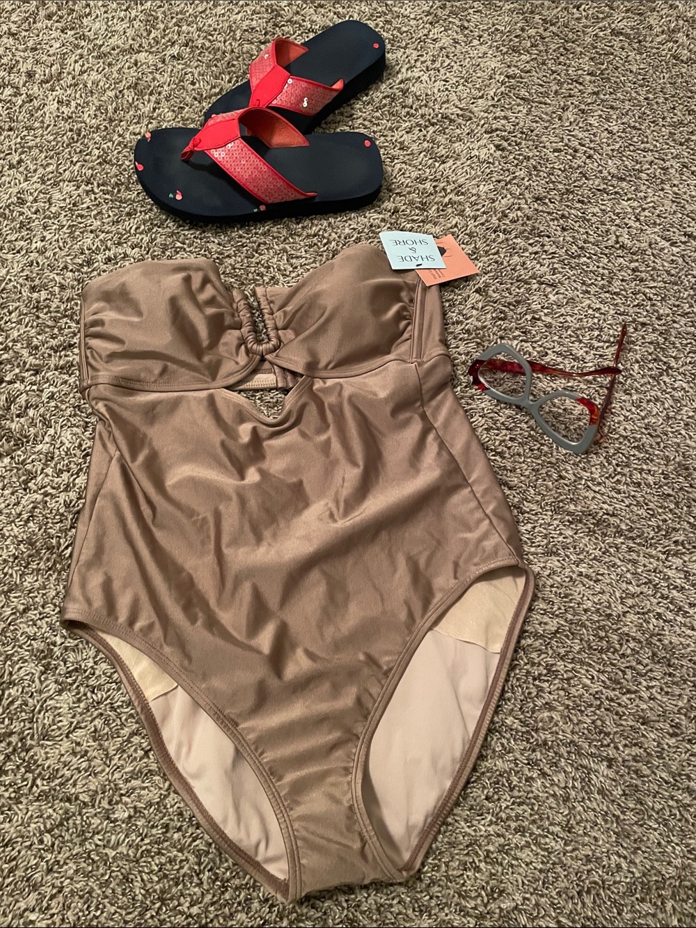 NWT Shade & Shore Shimmer Taupe Strapless One Piece Tummy control Swimsuit SZ L